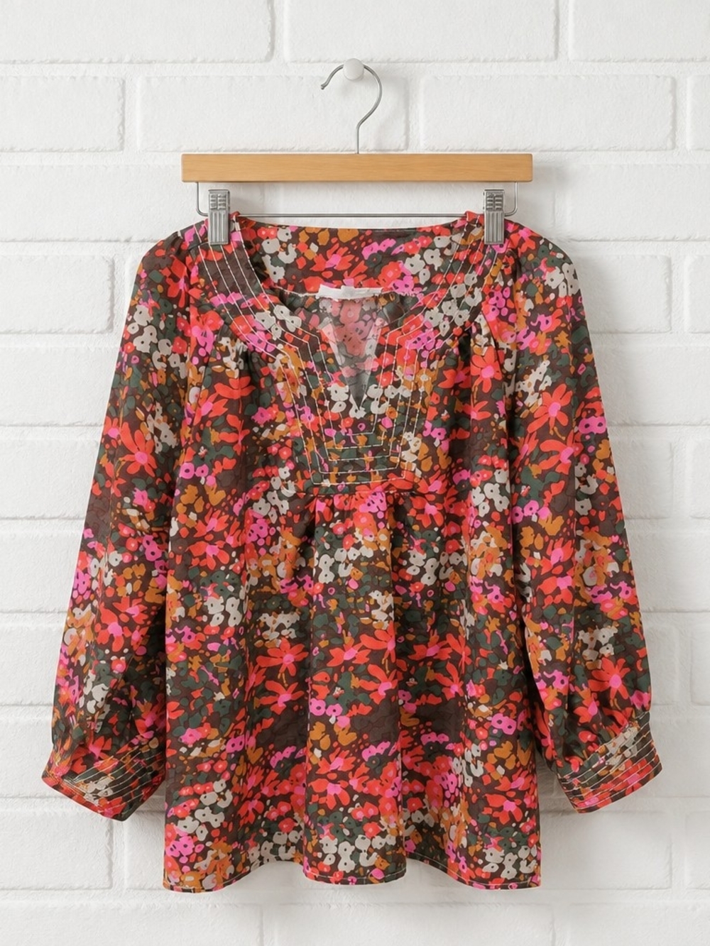 Floral Pintuck Peasant Blouse in Multi Pink and Brown